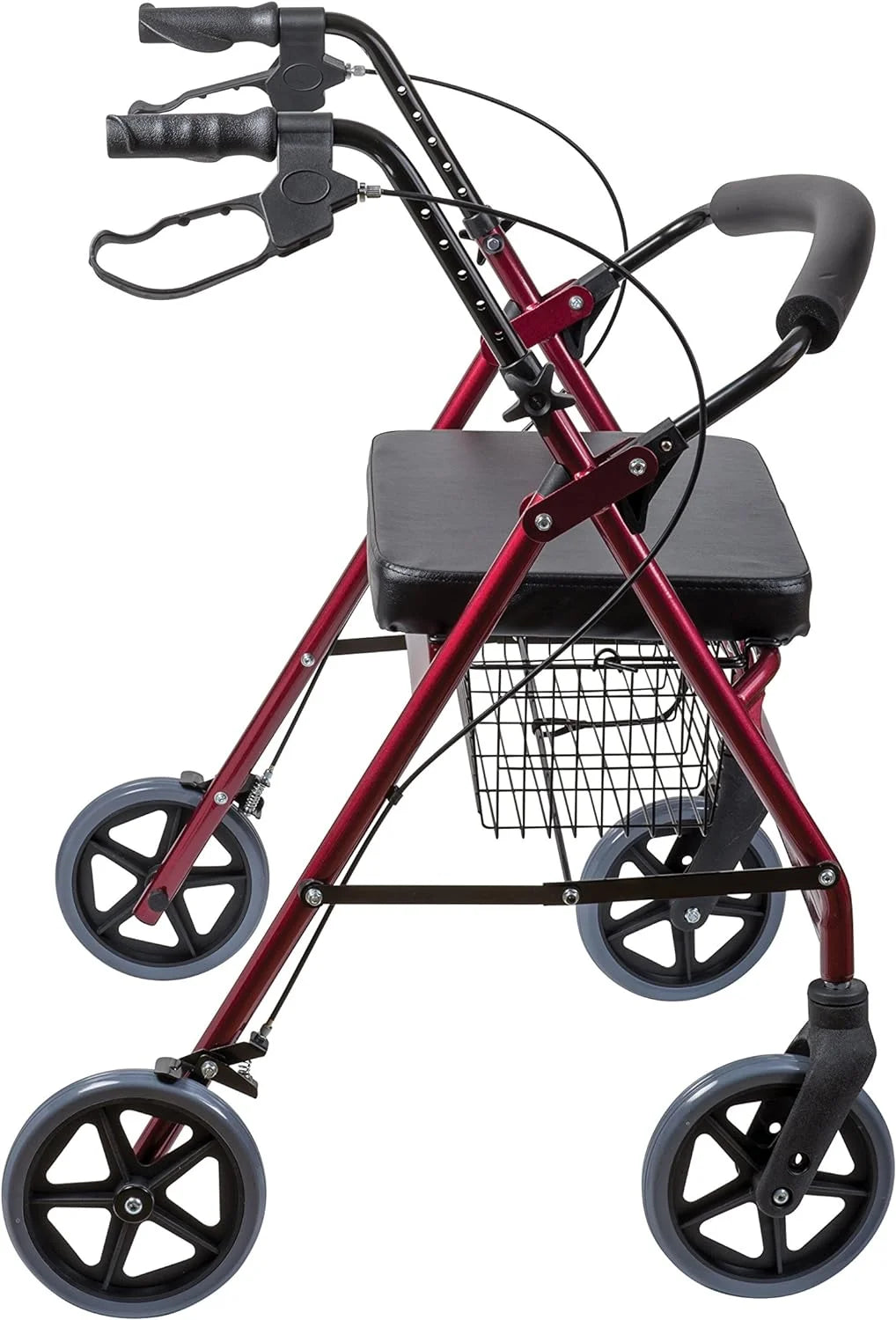 Extra-Wide Heavy Duty Steel Bariatric Mobility Rollator Walker with Seat and Basket, Burgundy, Folding