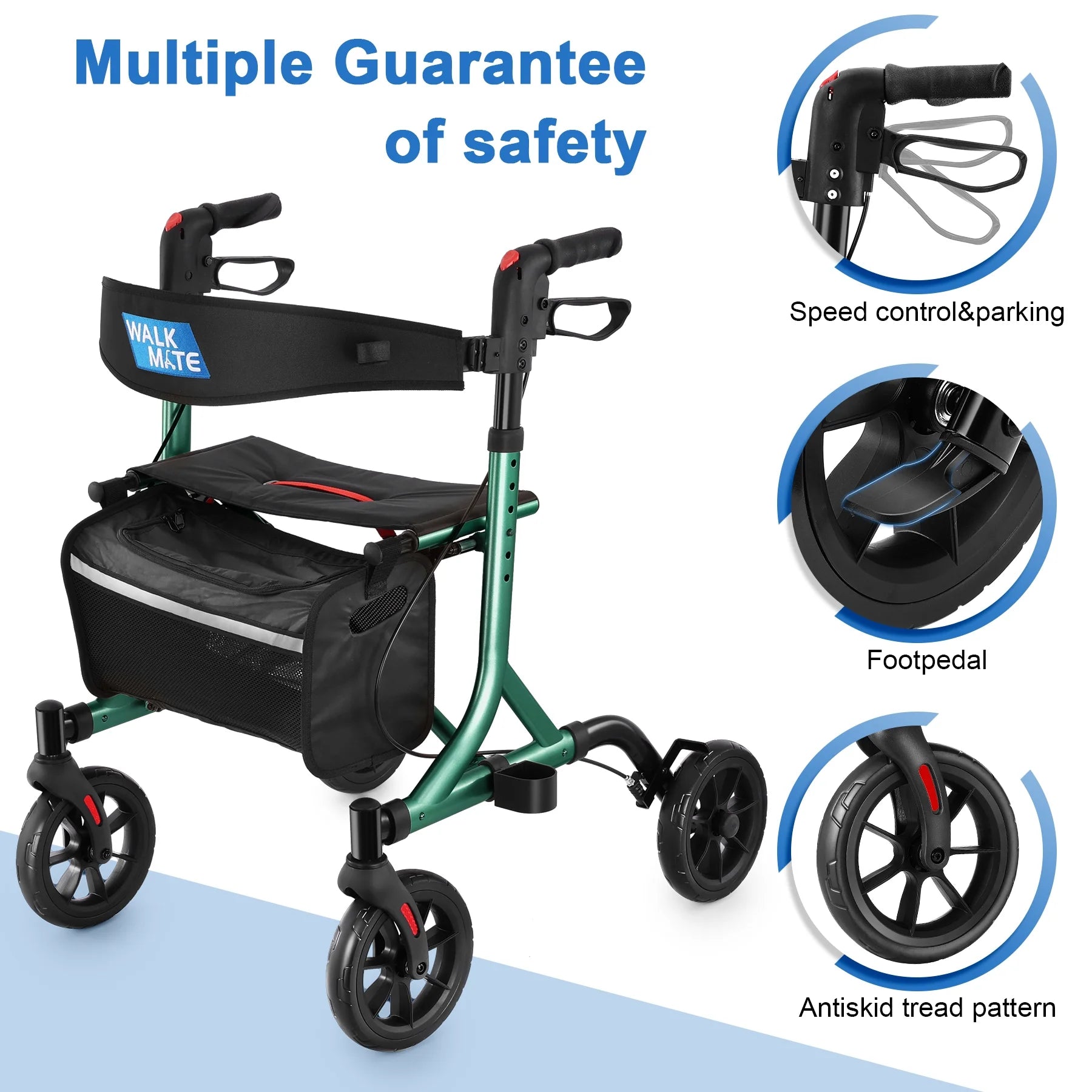 Rollator Walker for Seniors with Cup Holder, Upgraded Thumb Press Button for Height Adjustment, 8" Wheels Folding Lightweight Walking Aid with Seat Padded Backrest, Green