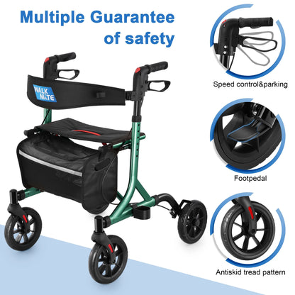 Rollator Walker for Seniors with Cup Holder, Upgraded Thumb Press Button for Height Adjustment, 8" Wheels Folding Lightweight Walking Aid with Seat Padded Backrest, Green