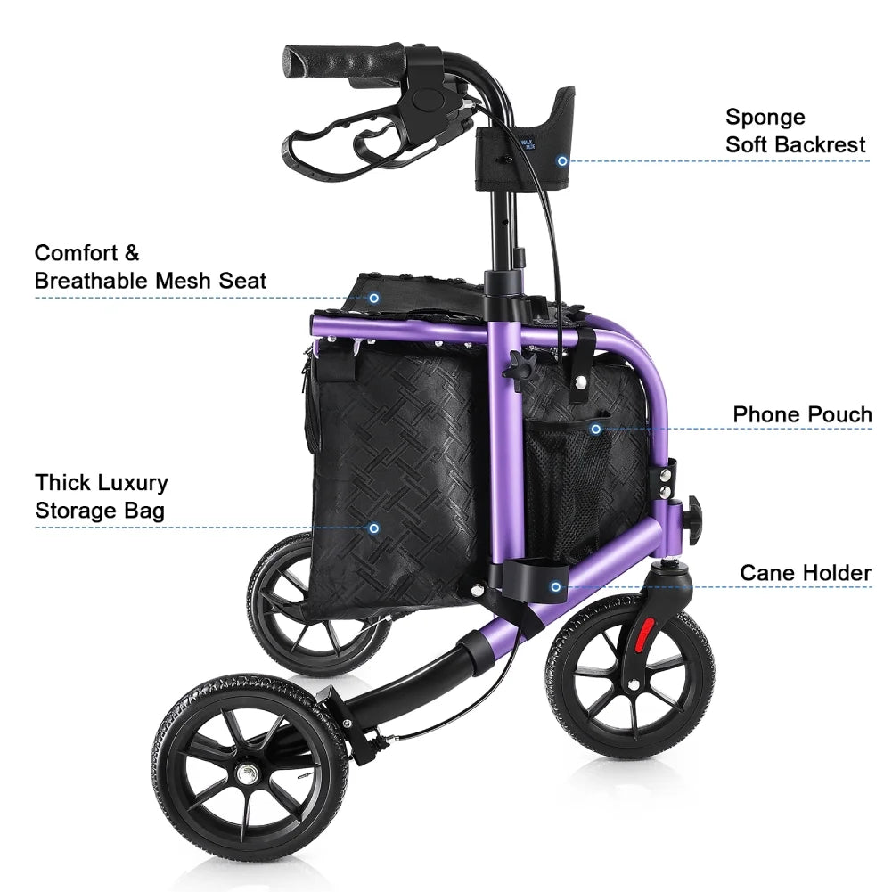 3 Wheel Rollator Walker for Slim Senior, 8'' Wheel Lightweight Folding Walker, Purple