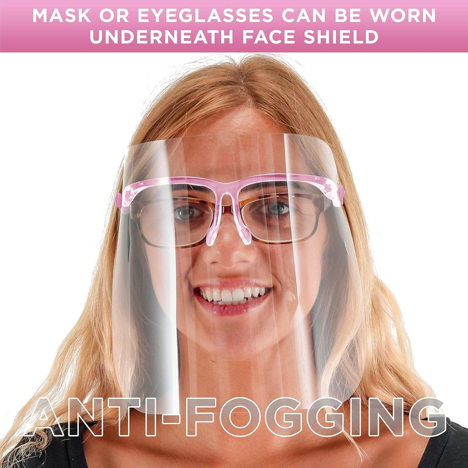 Salon World Safety Face Shields with Pink Glasses Frames (Pack of 4) - Ultra Clear Protective Full Face Shields to Protect Eyes, Nose, Mouth - Anti-Fog PET Plastic, Goggles