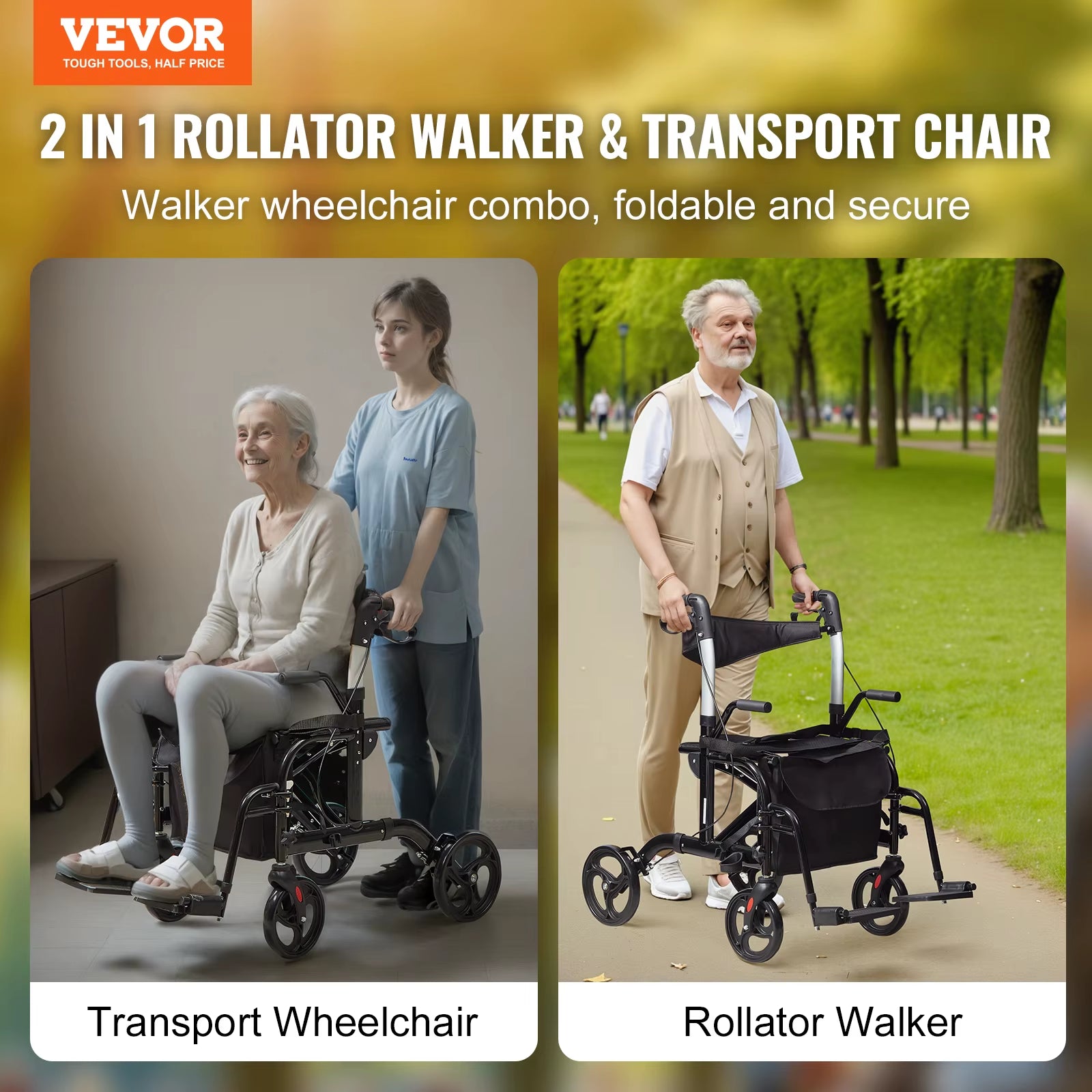 2 in 1 Rollator Walker & Transport Chair for Seniors Folding Rolling Walker Wheelchair Combo & Aluminum Mobility Walker