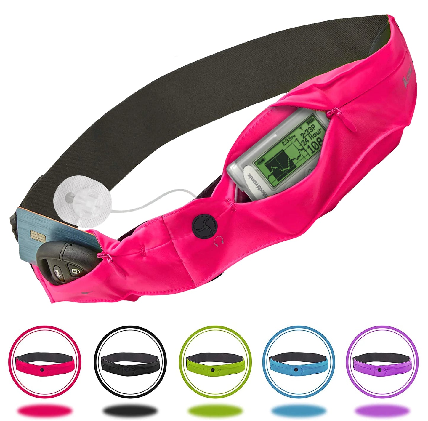 Insulin Pump Belt - 2 Stretch Pockets & Adjustable Waist Strap, Medium 25"-32", Pink