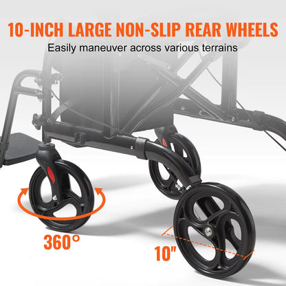 2 in 1 Rollator Walker & Transport Chair for Seniors Folding Rolling Walker Wheelchair Combo & Aluminum Mobility Walker