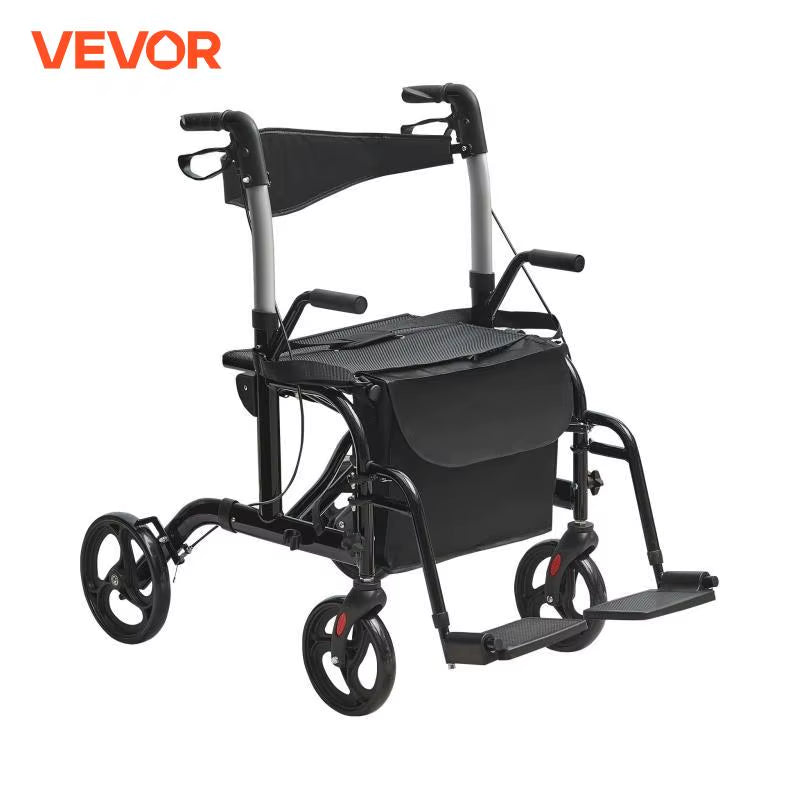 2 in 1 Rollator Walker & Transport Chair for Seniors Folding Rolling Walker Wheelchair Combo & Aluminum Mobility Walker