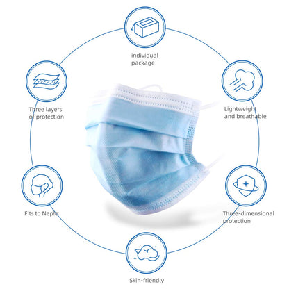 Disposable Facemask 50Pcs 3Ply Masks Disposable Blue Protective Facial Cover with Elastic Earloops Mask