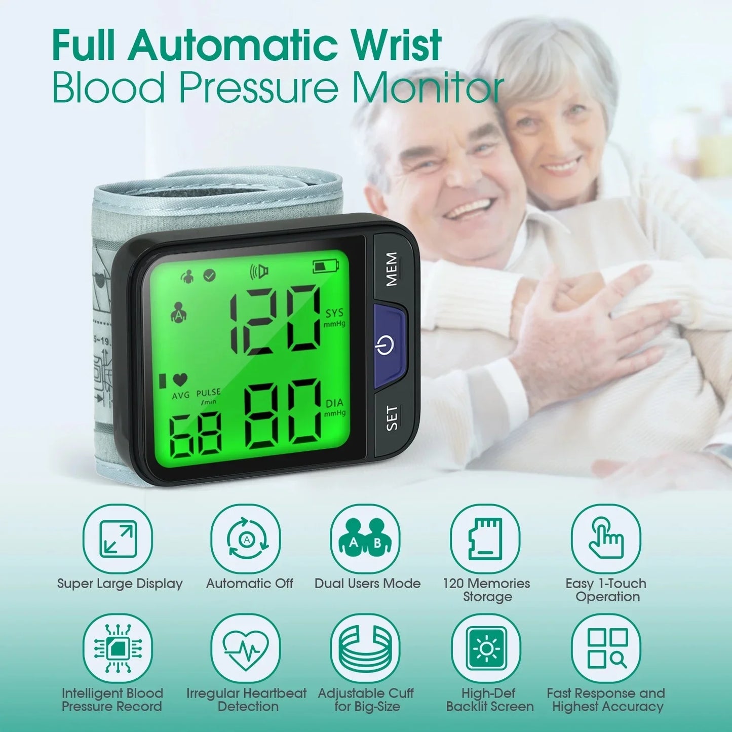 Blood Pressure Monitor, Professional Wireless Automatic Wrist Blood Pressure Cuffs Health Monitors, Portable BP Heart Rate Monitor with LCD Backlit Display, for Home Travel Use