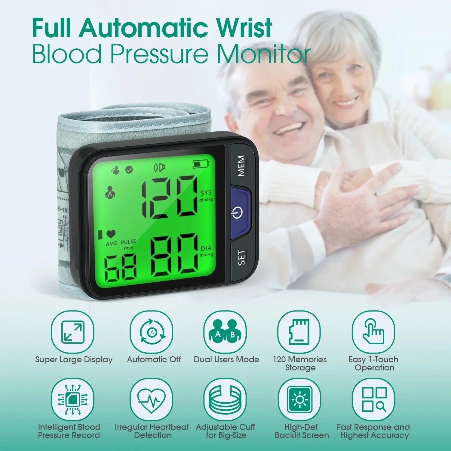 Blood Pressure Monitor, Professional Wireless Automatic Wrist Blood Pressure Cuffs Health Monitors, Portable BP Heart Rate Monitor with LCD Backlit Display, for Home Travel Use